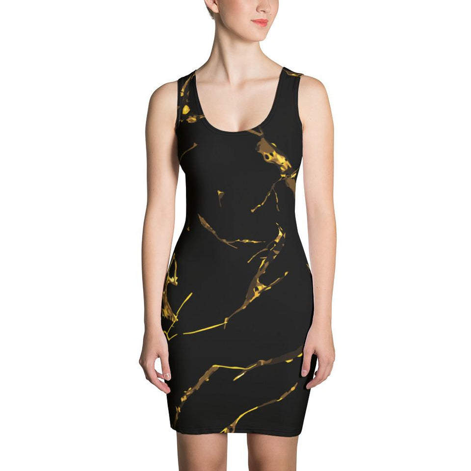 Womens Black n Gold Marble Fitted Cut & Sew Dress - 211 INC