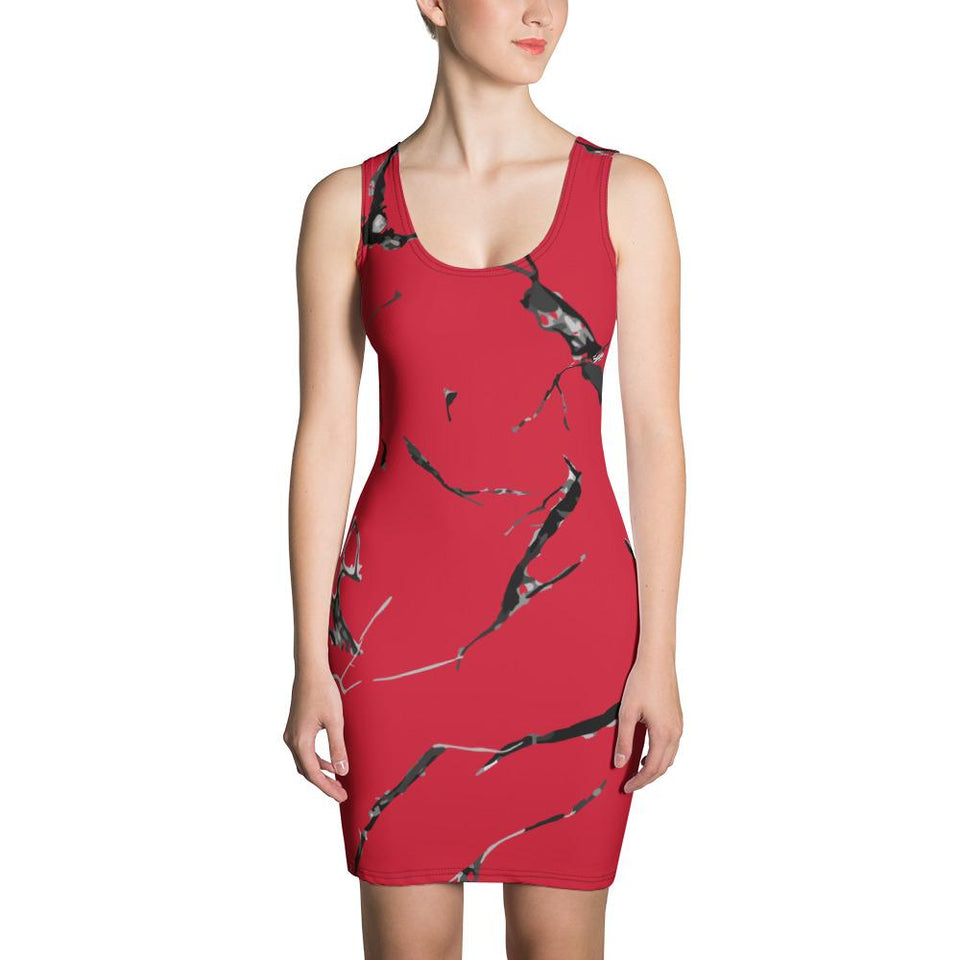 Womens Red n Black Marble Fitted Cut & Sew Dress - 211 INC